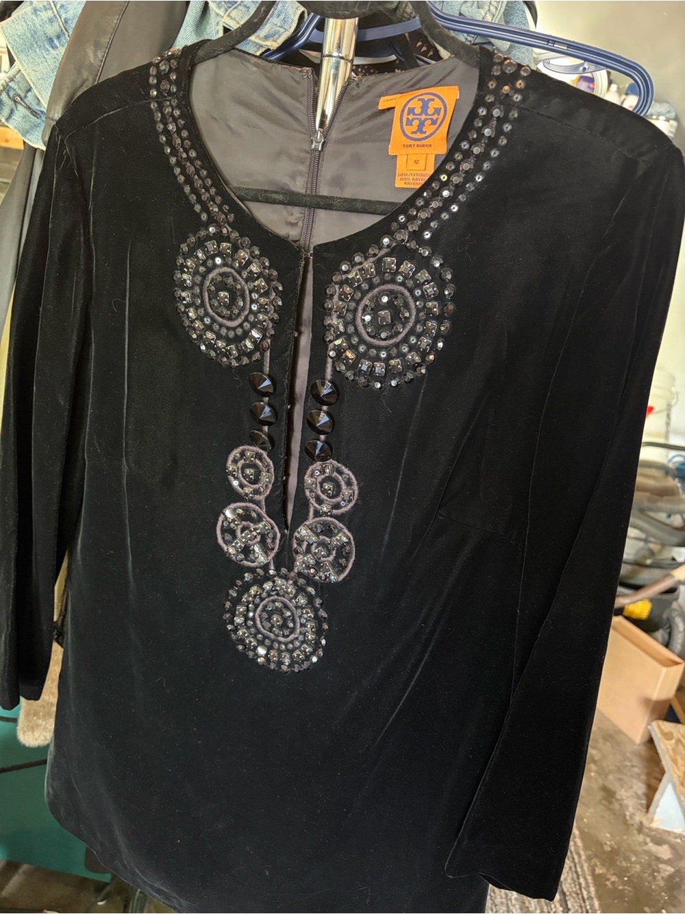 Tory Burch Black Velvet Sequin-Embellished top